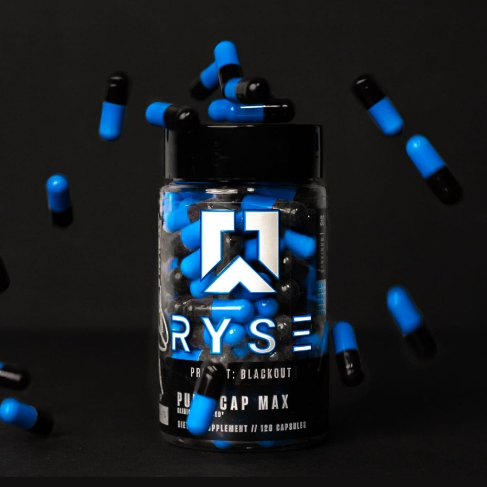 RYSE Project Blackout Pump Cap Max bottle on gym shelf ready for stacking