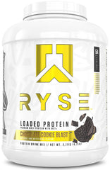 RYSE Up Loaded Protein Powder Chocolate Cookie Blast tub highlights 25g protein per serving.