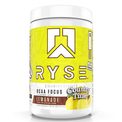 RYSE Up BCAA Focus Country Time Lemonade label closeup highlights hydration and energy.