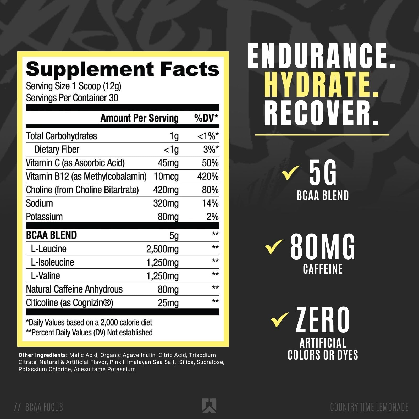 RYSE Up BCAA Focus Country Time Lemonade scoop beside glass shows mixability and flavor.