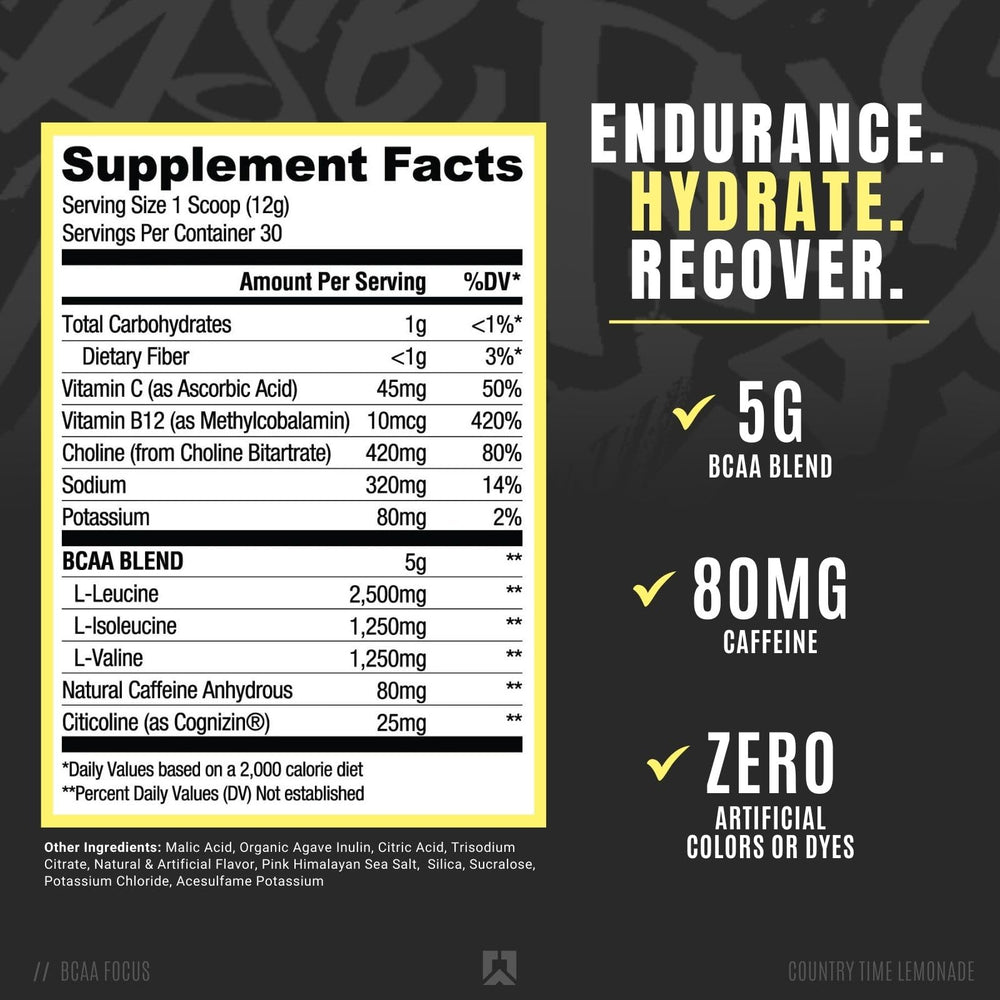 RYSE Up BCAA Focus Country Time Lemonade scoop beside glass shows mixability and flavor.