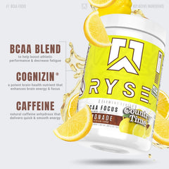 RYSE Up BCAA Focus Country Time Lemonade tub front emphasizes ingredients and hydration support.