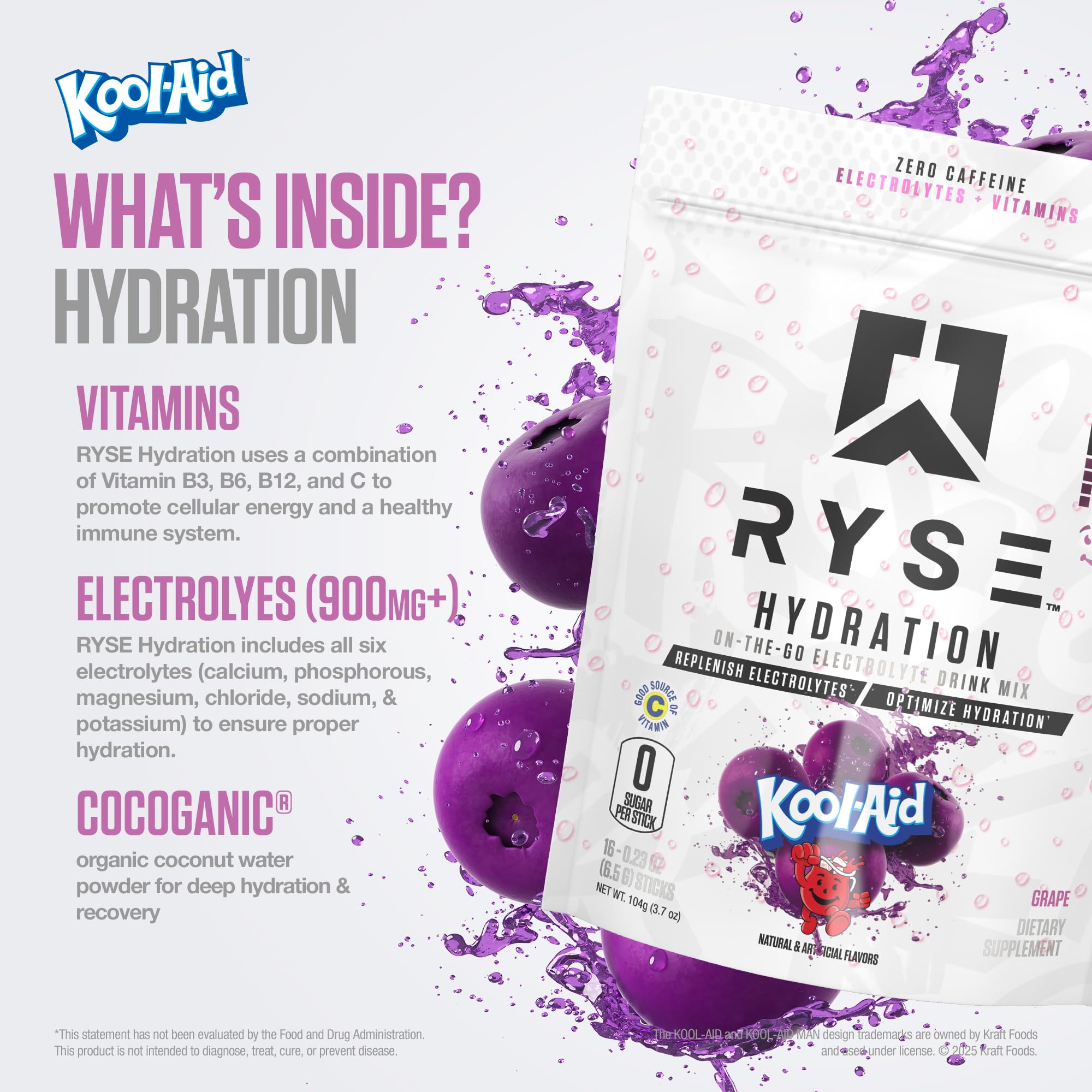 RYSE Up Hydration Sticks glass with ice illustrates refreshing, zero-sugar hydration.