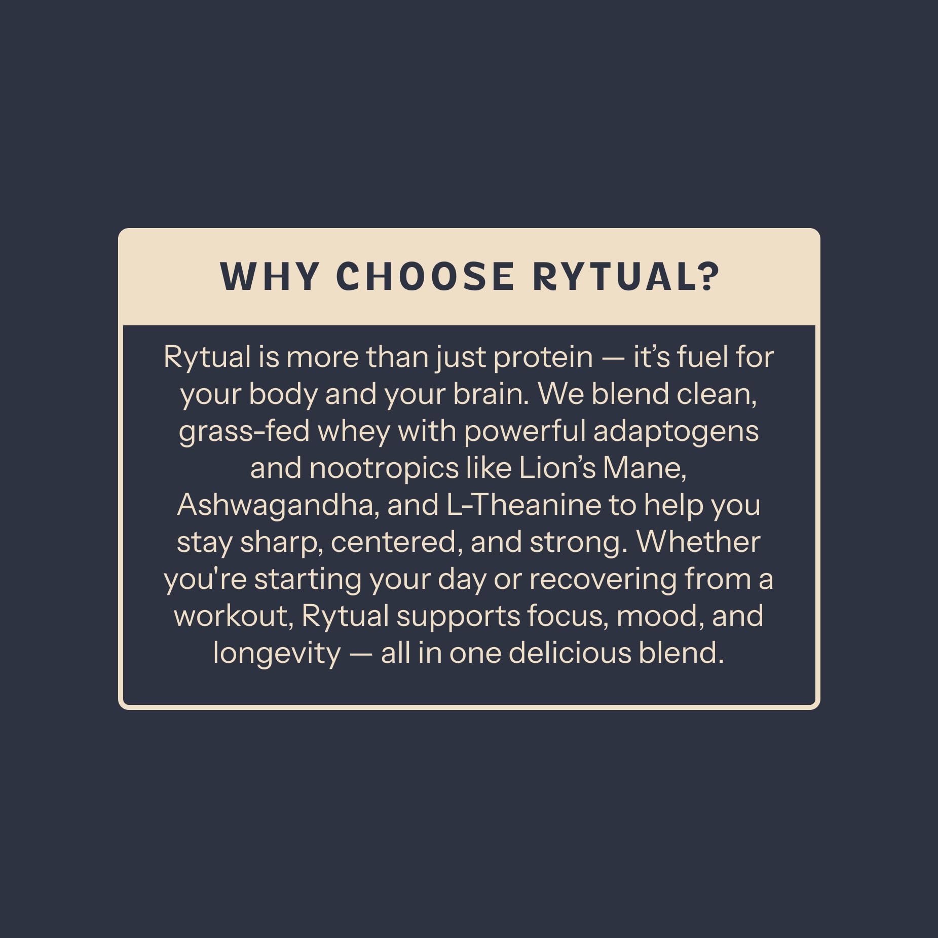 Rytual label closeup reveals nootropic blend for focus and clarity.