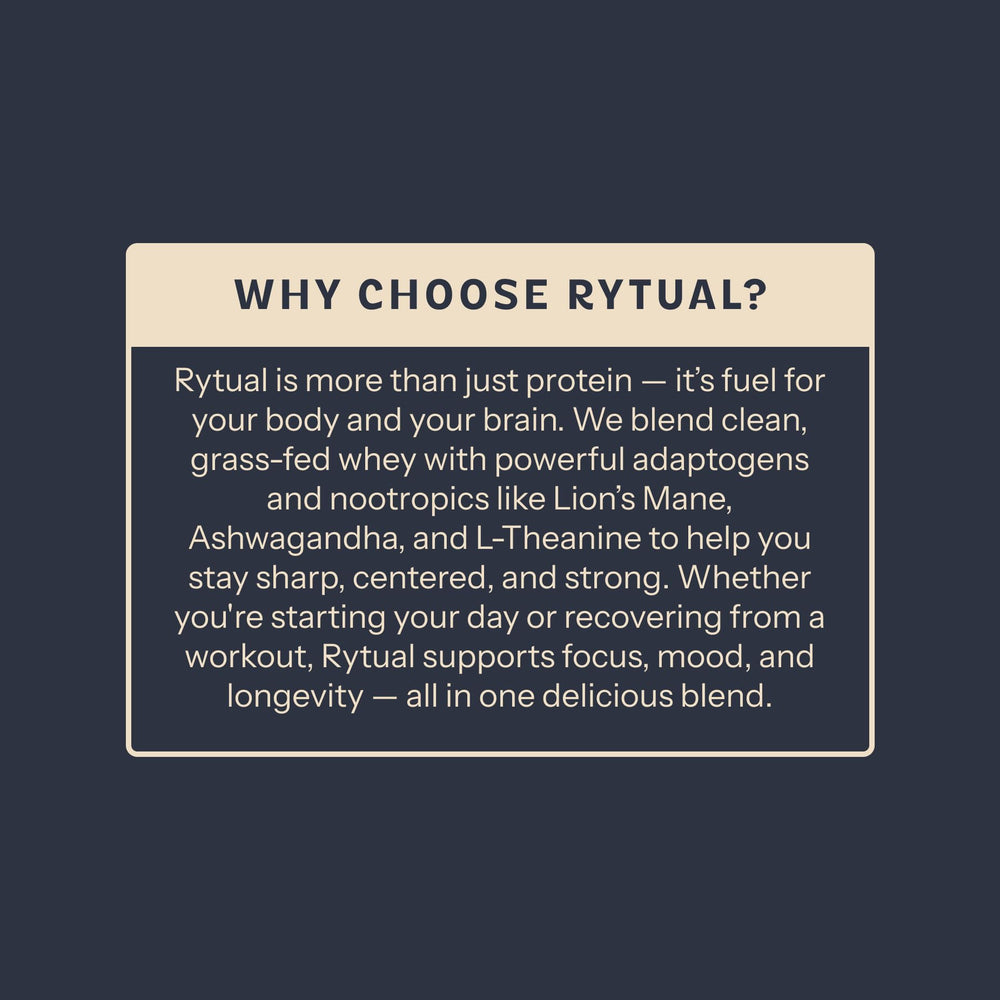 Rytual label closeup reveals nootropic blend for focus and clarity.