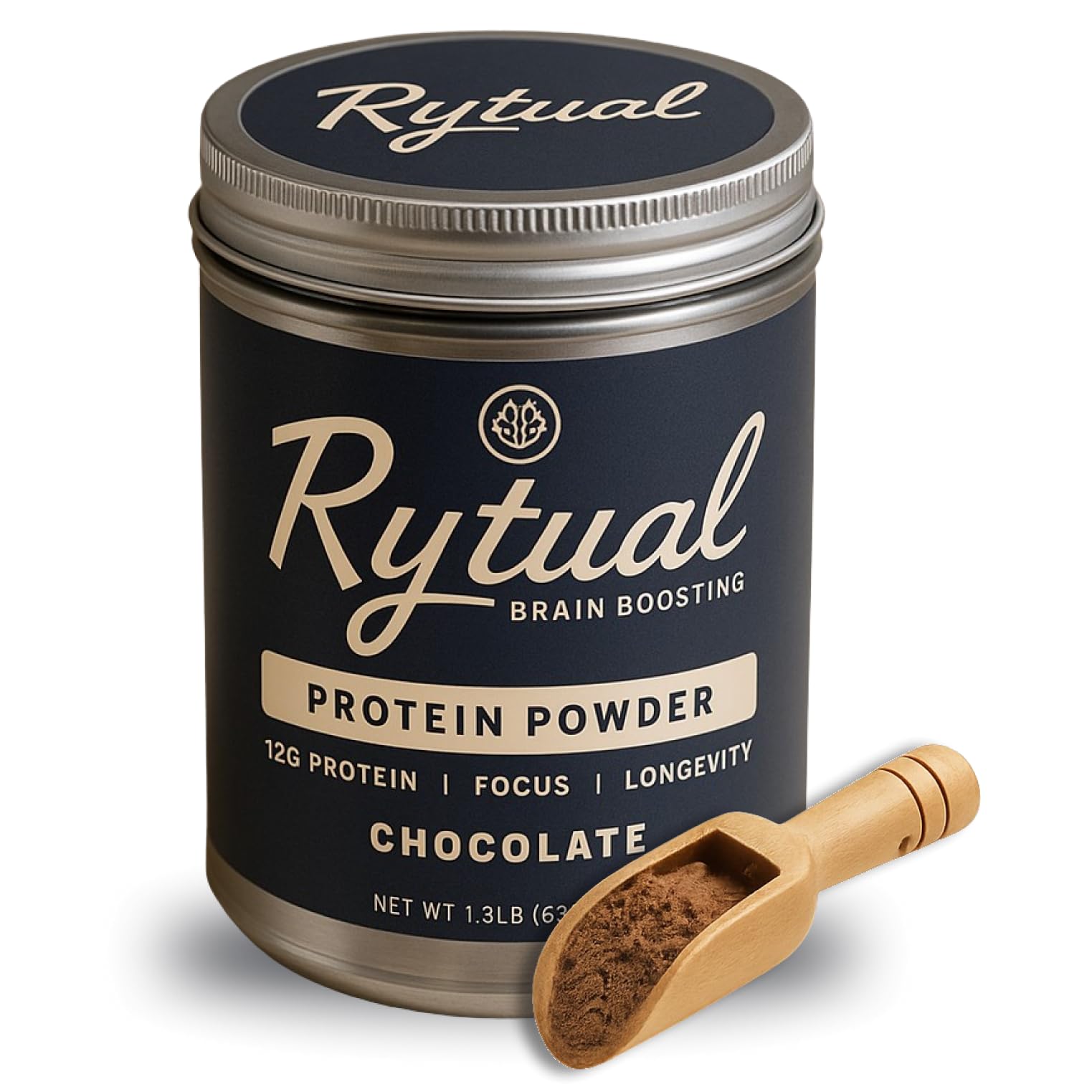 Rytual Brain Boosting Powder chocolate tub front for focus support during daily tasks.