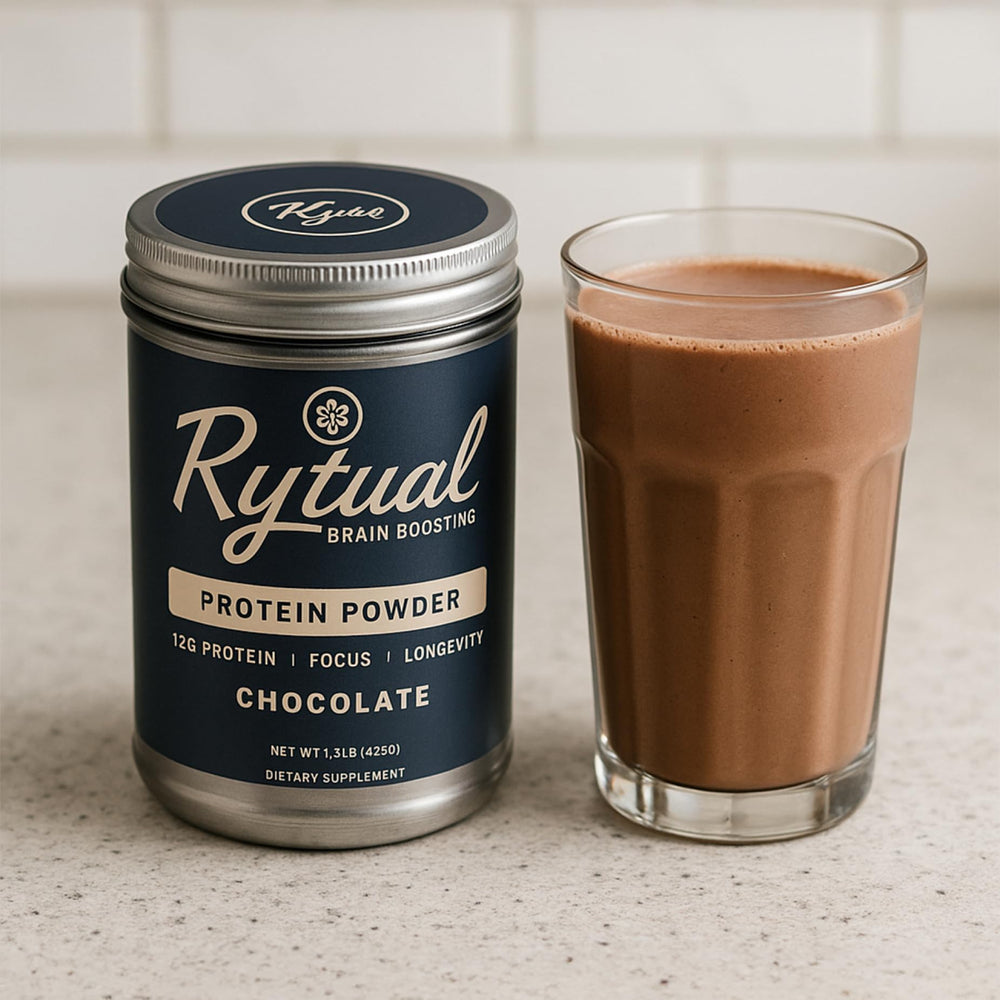 Rytual tub with cup and steam showcases delicious chocolate flavor for shakes.