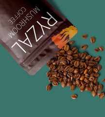 RYZAL Lions Mane powder pack close-up highlighting premium ingredients.