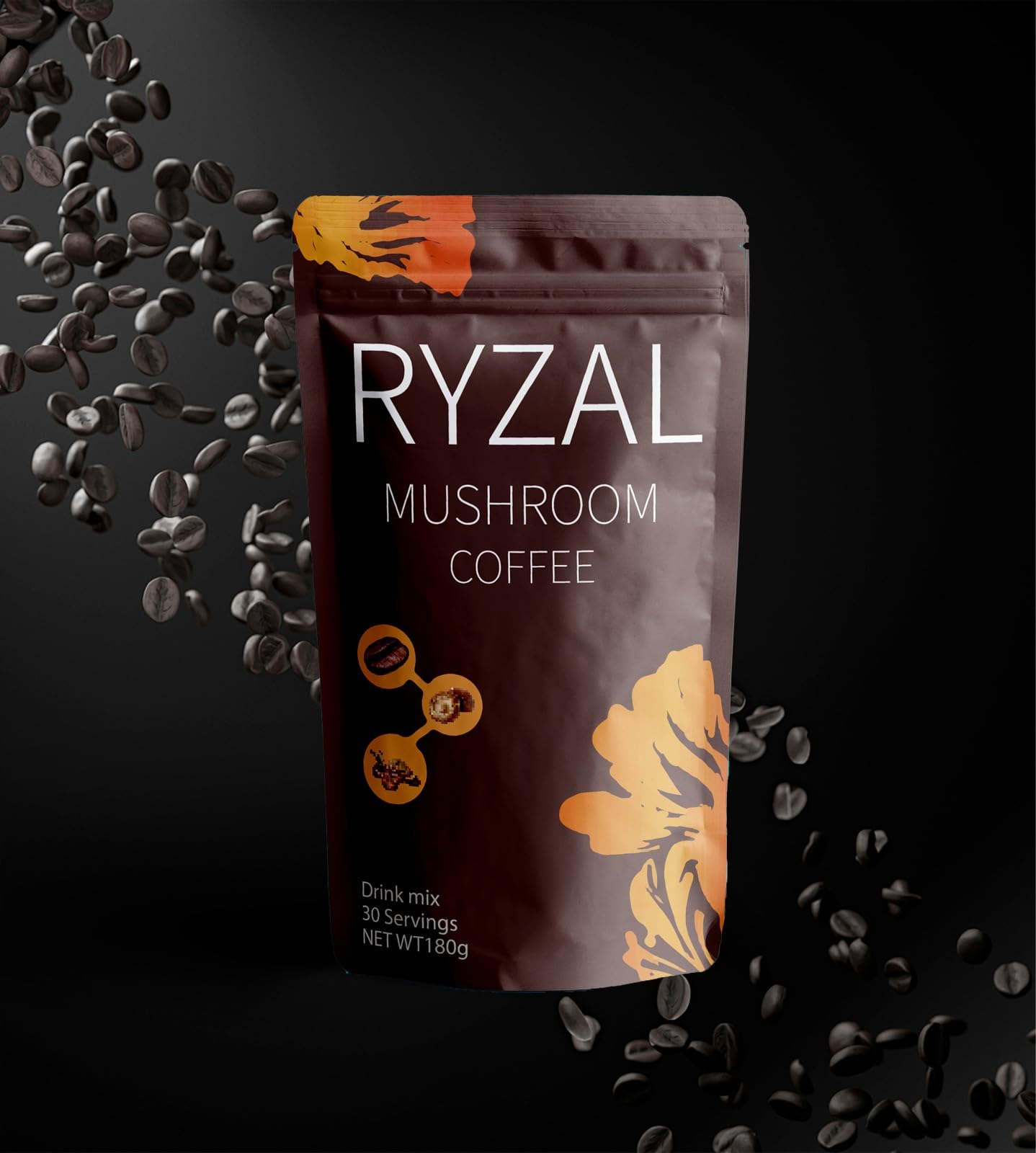 RYZAL Mushroom Coffee bag with spoon ready to prepare a cup.