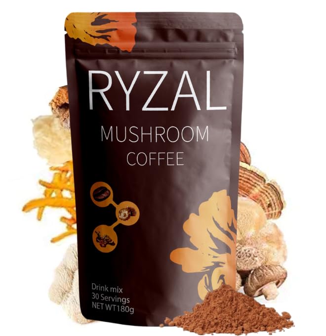RYZAL Mushroom Coffee bottle being poured for a smooth energy boost.