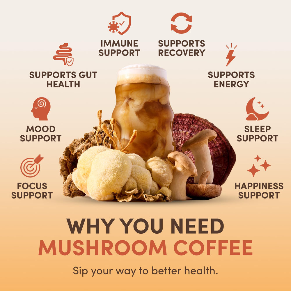 RYZE Mushroom Coffee with MCT oil for smooth, balanced energy.