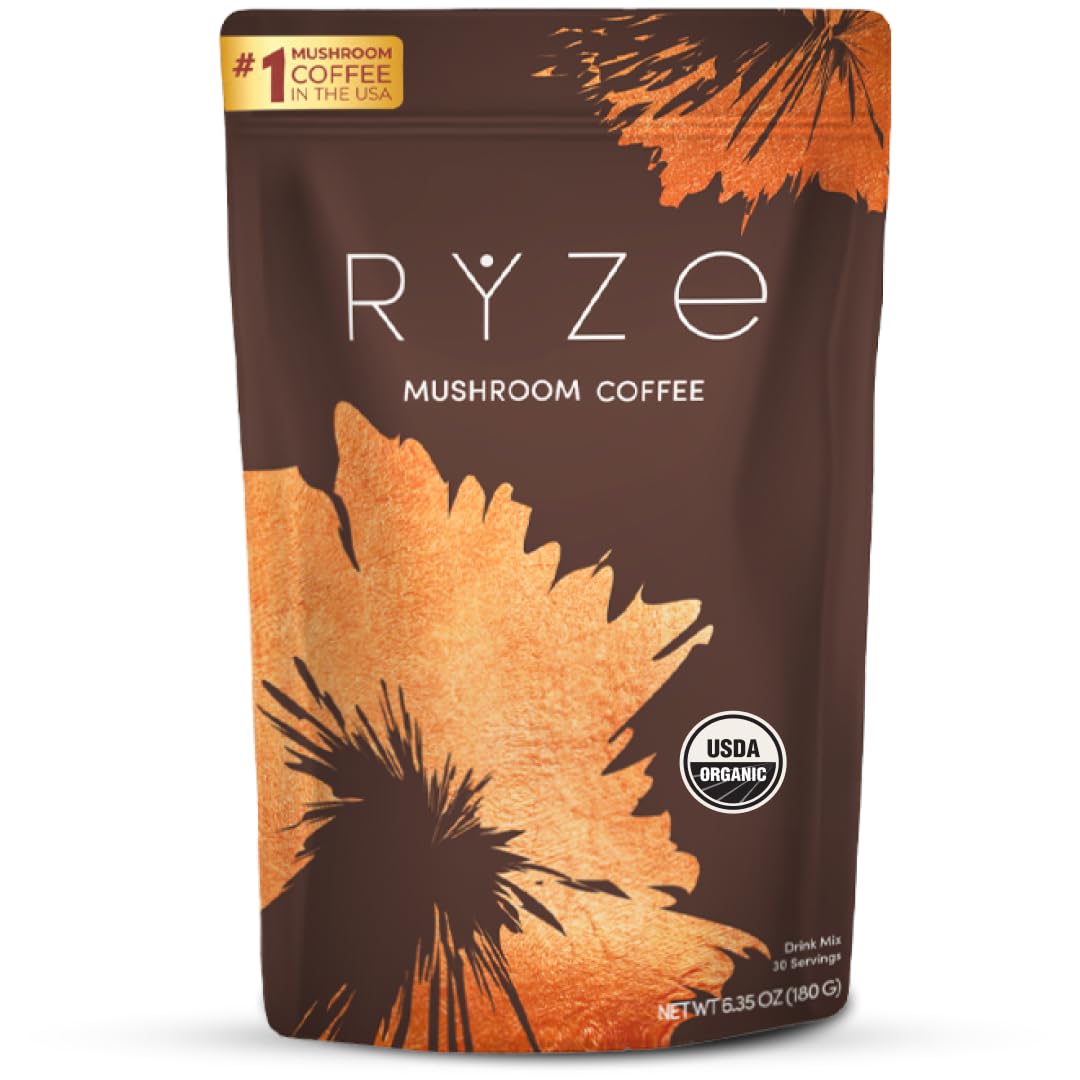 RYZE Mushroom Coffee organic cup pour for steady energy and focus.