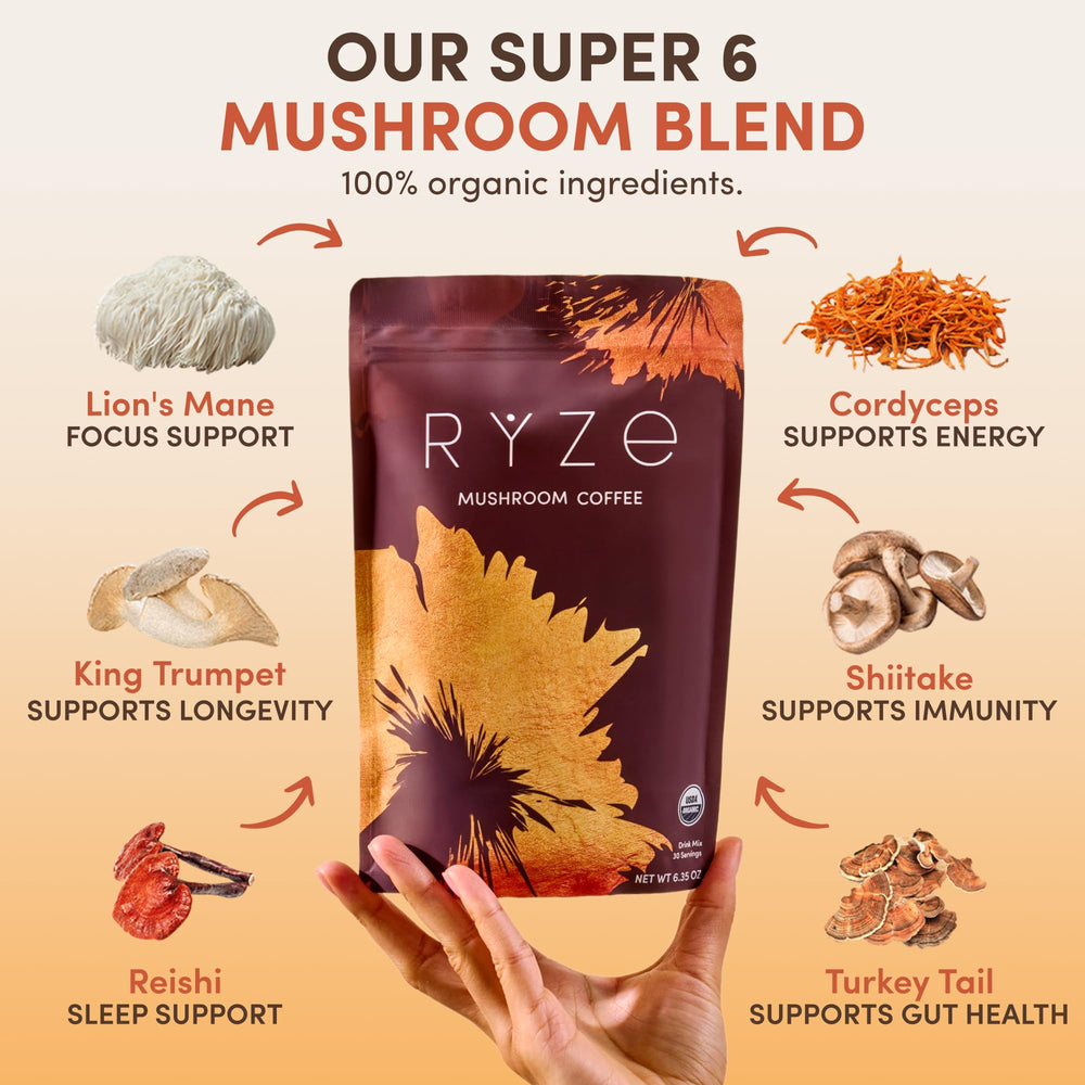 RYZE Mushroom Coffee organic packaging highlighting USDA Organic quality.