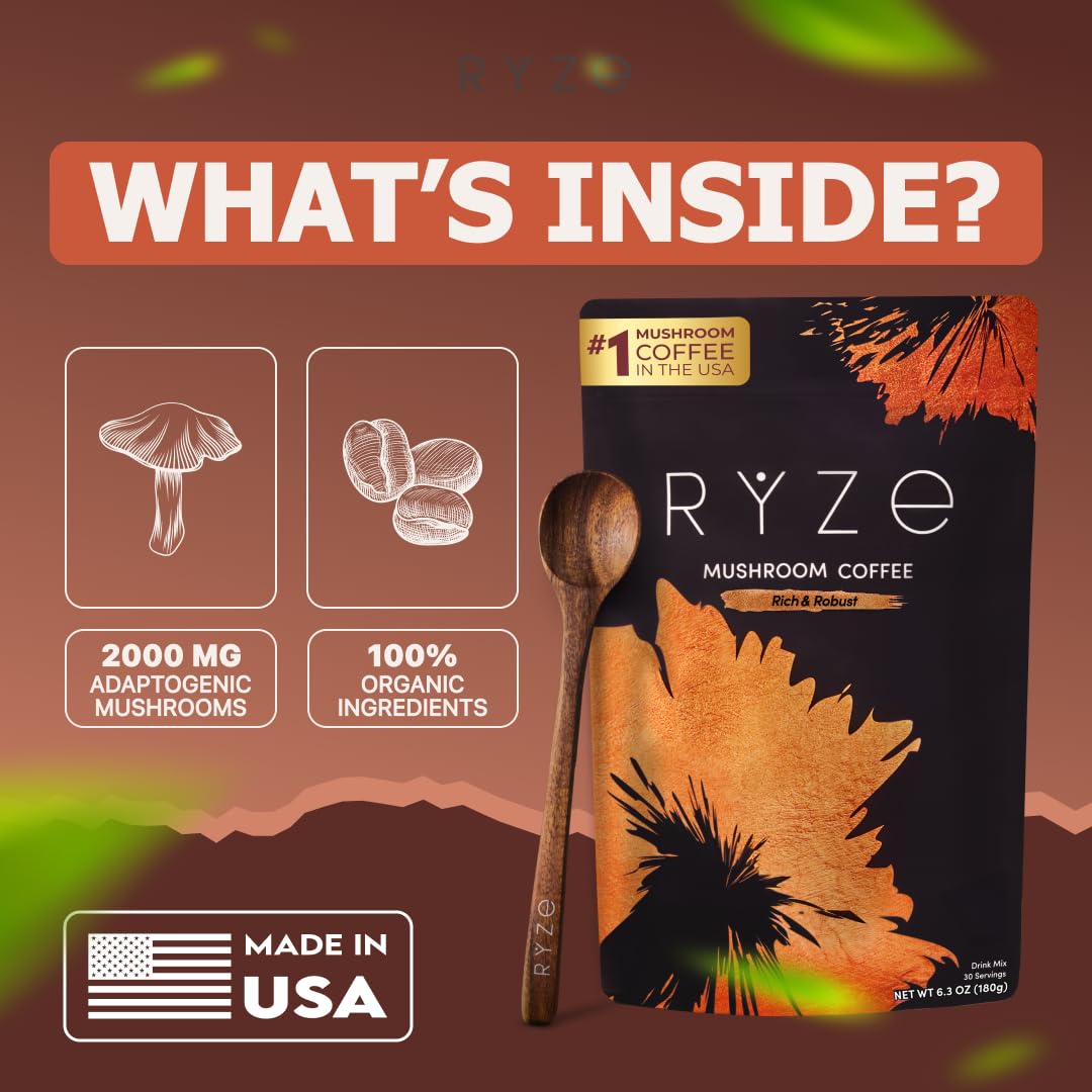 Close-up of Cordyceps, Reishi, Lion’s Mane in the RYZE blend