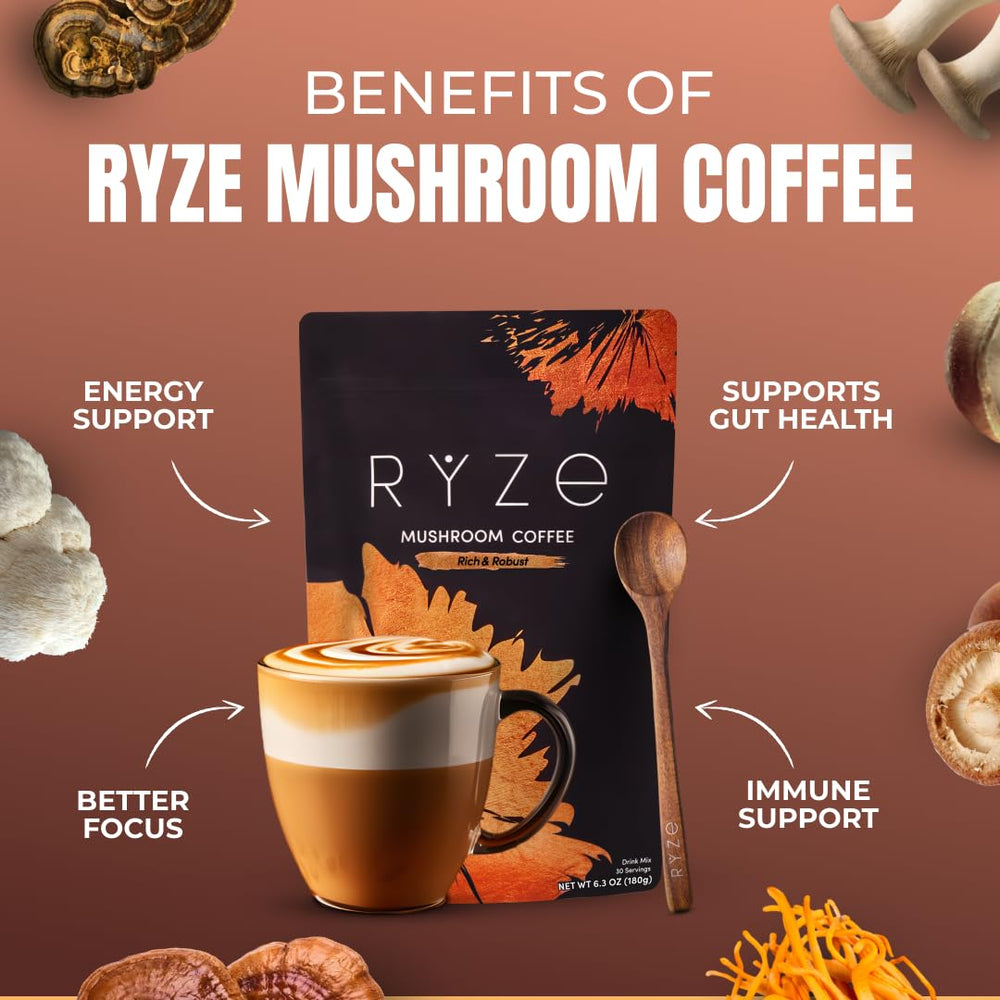 A mug of RYZE Mushroom Dark Roast ready for a productive morning
