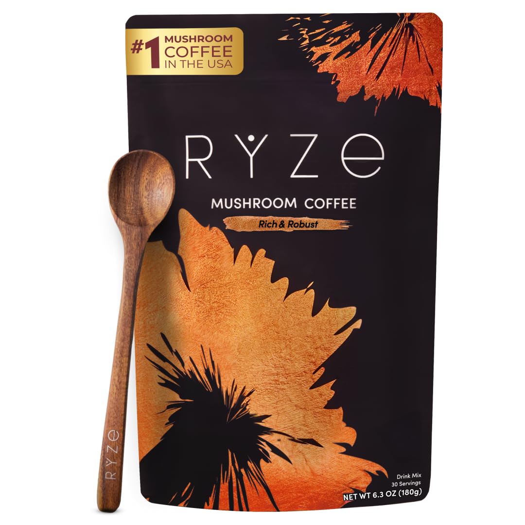 RYZE Superfoods Mushroom Coffee Dark Roast being poured into a mug for focused energy