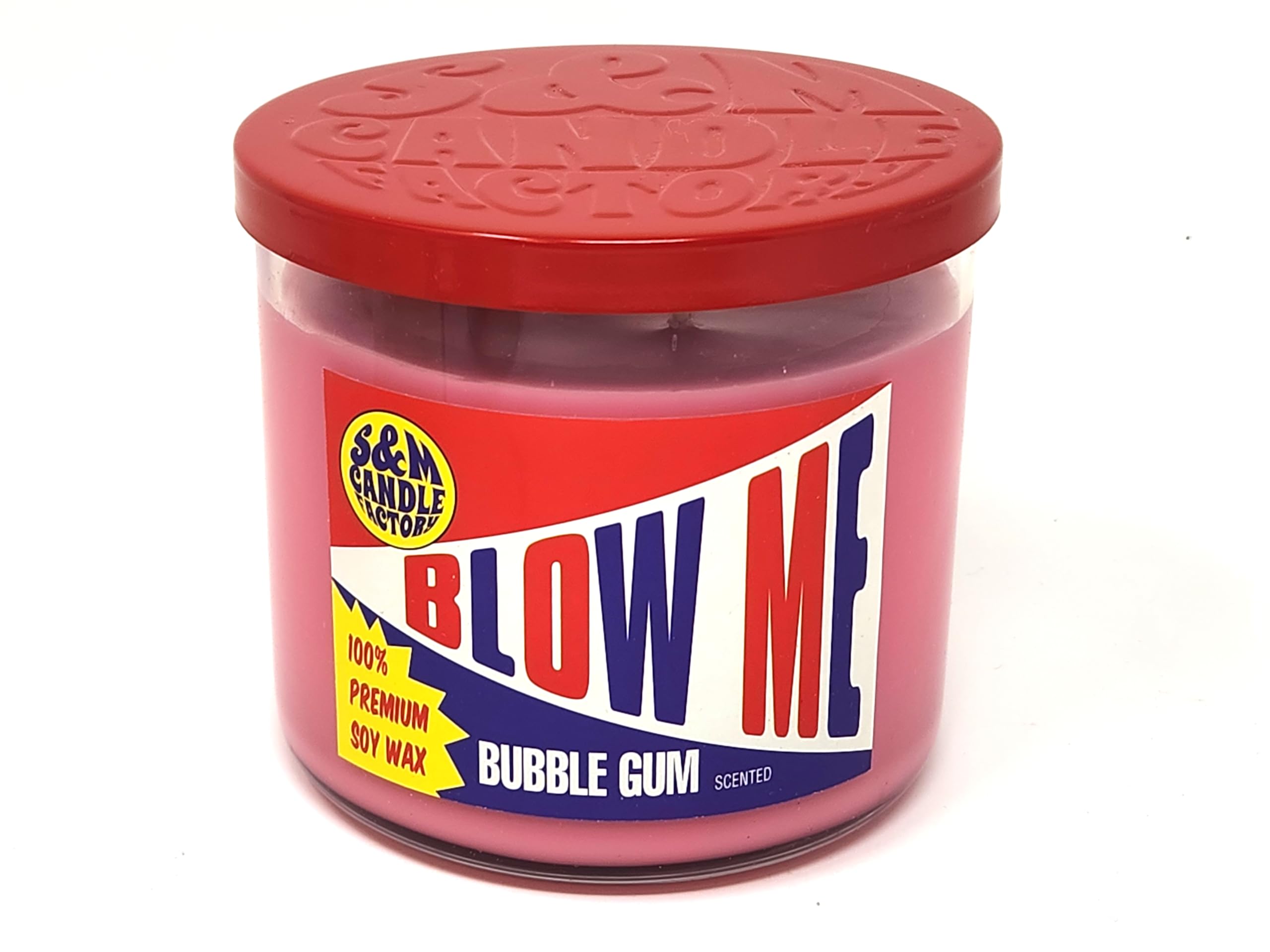 S&M Candle Factory Blow Me candle with bubble gum scent shown for bold aroma.