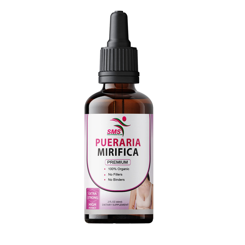 SMSHEALTHPRODUCTS.com Pueraria Mirifica Drops glass tincture in a minimalist setting.