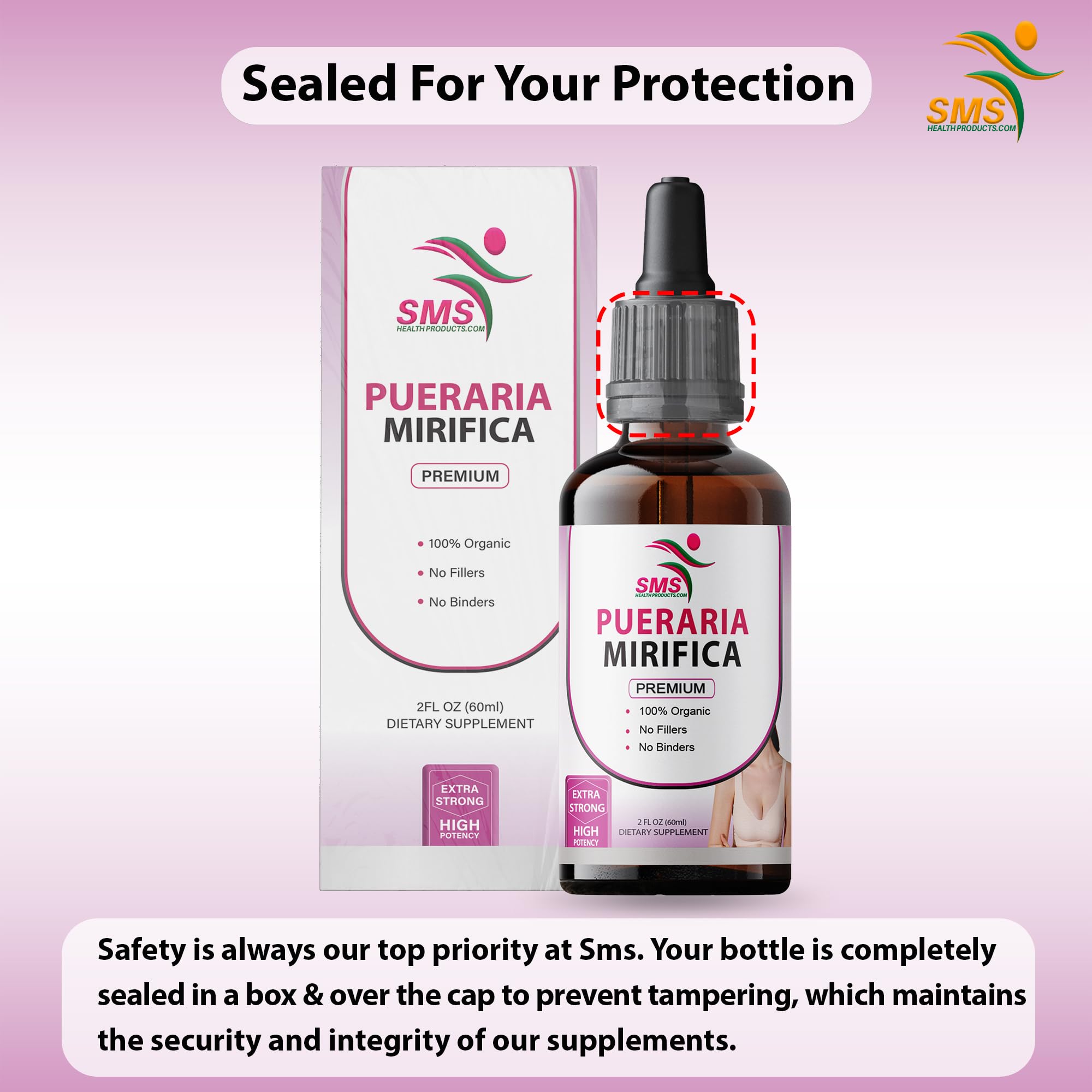 SMSHEALTHPRODUCTS.com Pueraria Mirifica Drops label close-up and organic features.
