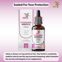 SMSHEALTHPRODUCTS.com Pueraria Mirifica Drops label close-up and organic features.