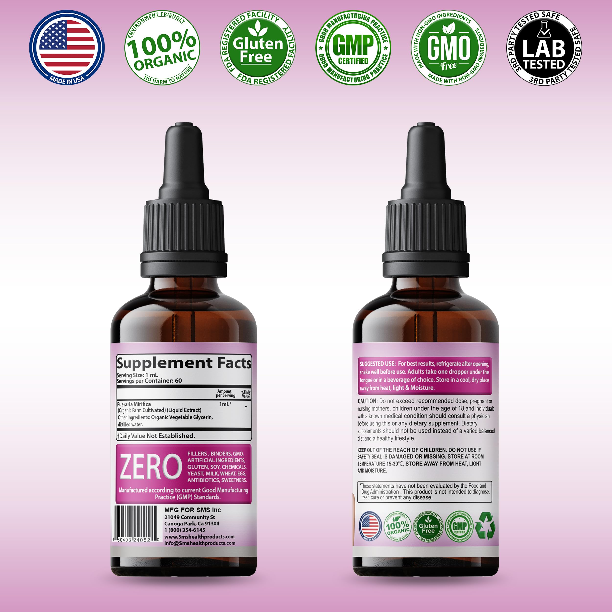 SMSHEALTHPRODUCTS.com Pueraria Mirifica Drops packaging box beside bottle.