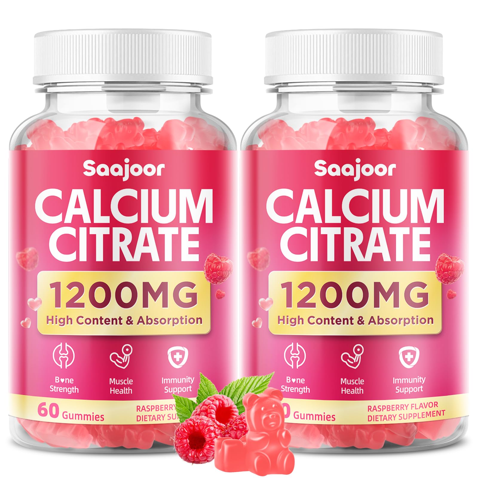 Saajoor Calcium Citrate Gummies bottle with raspberry flavor for daily bone and muscle support.