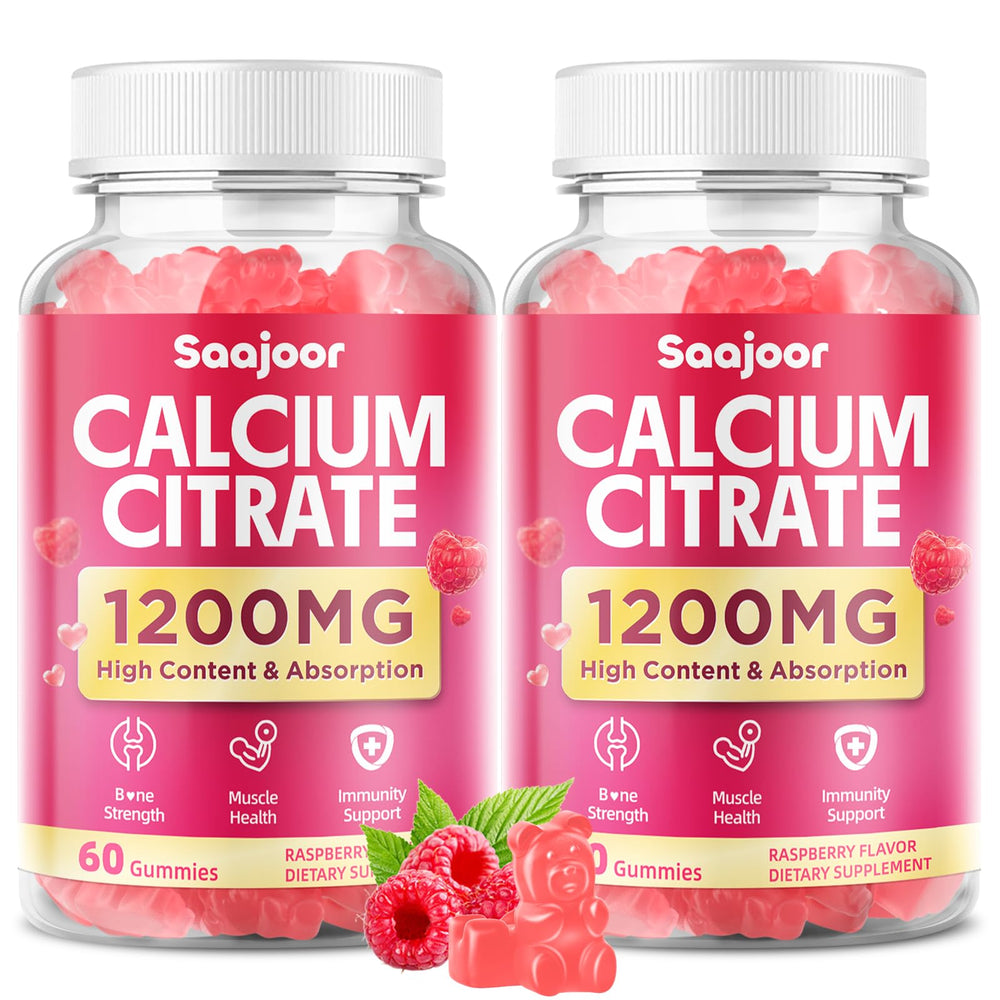 Saajoor Calcium Citrate Gummies bottle with raspberry flavor for daily bone and muscle support.