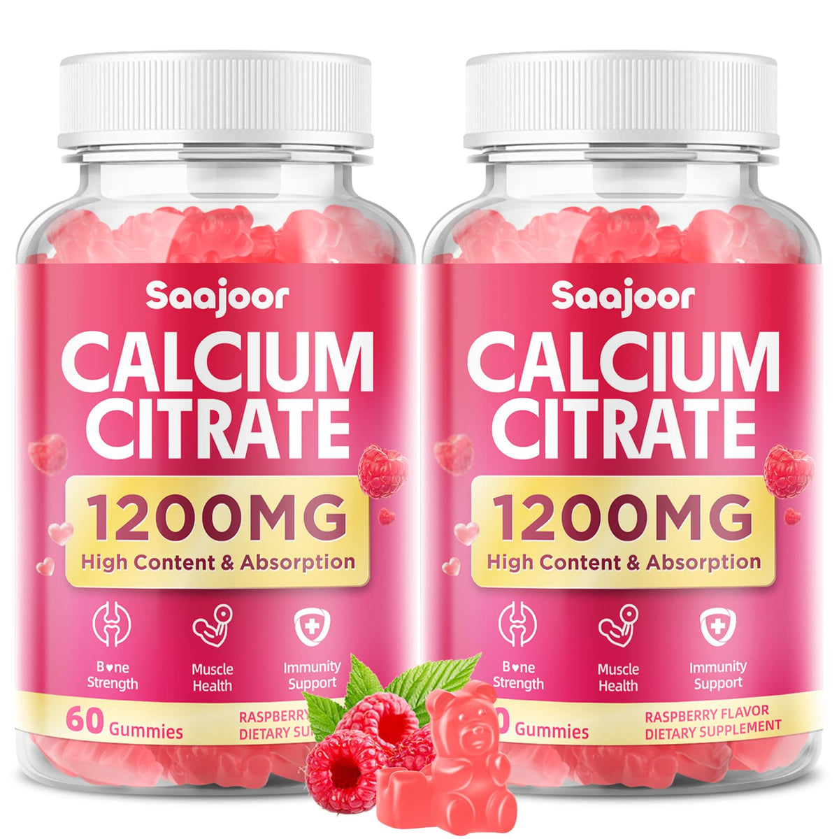 Saajoor Calcium Citrate Gummies bottle with raspberry flavor for daily bone and muscle support.