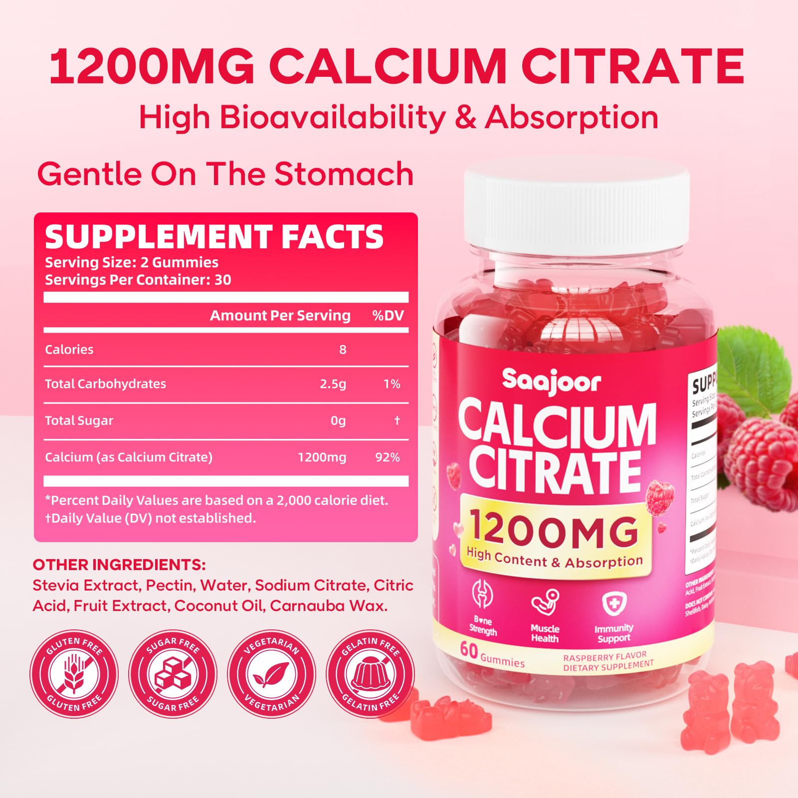 Close-up of Saajoor gummies showing the raspberry chew texture for easy daily intake.