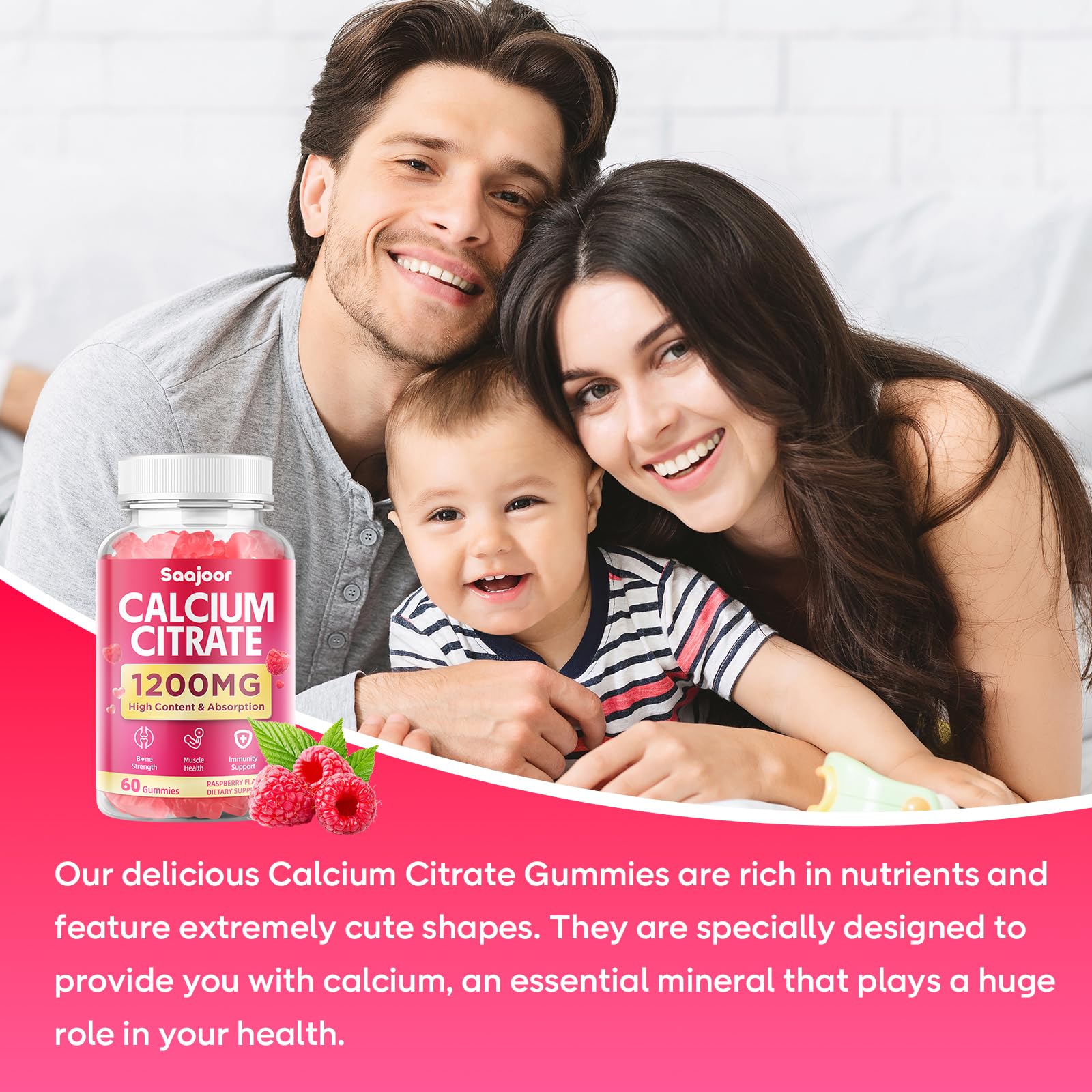 Saajoor raspberry-flavored gummies showcased as easy calcium bite without sugar.