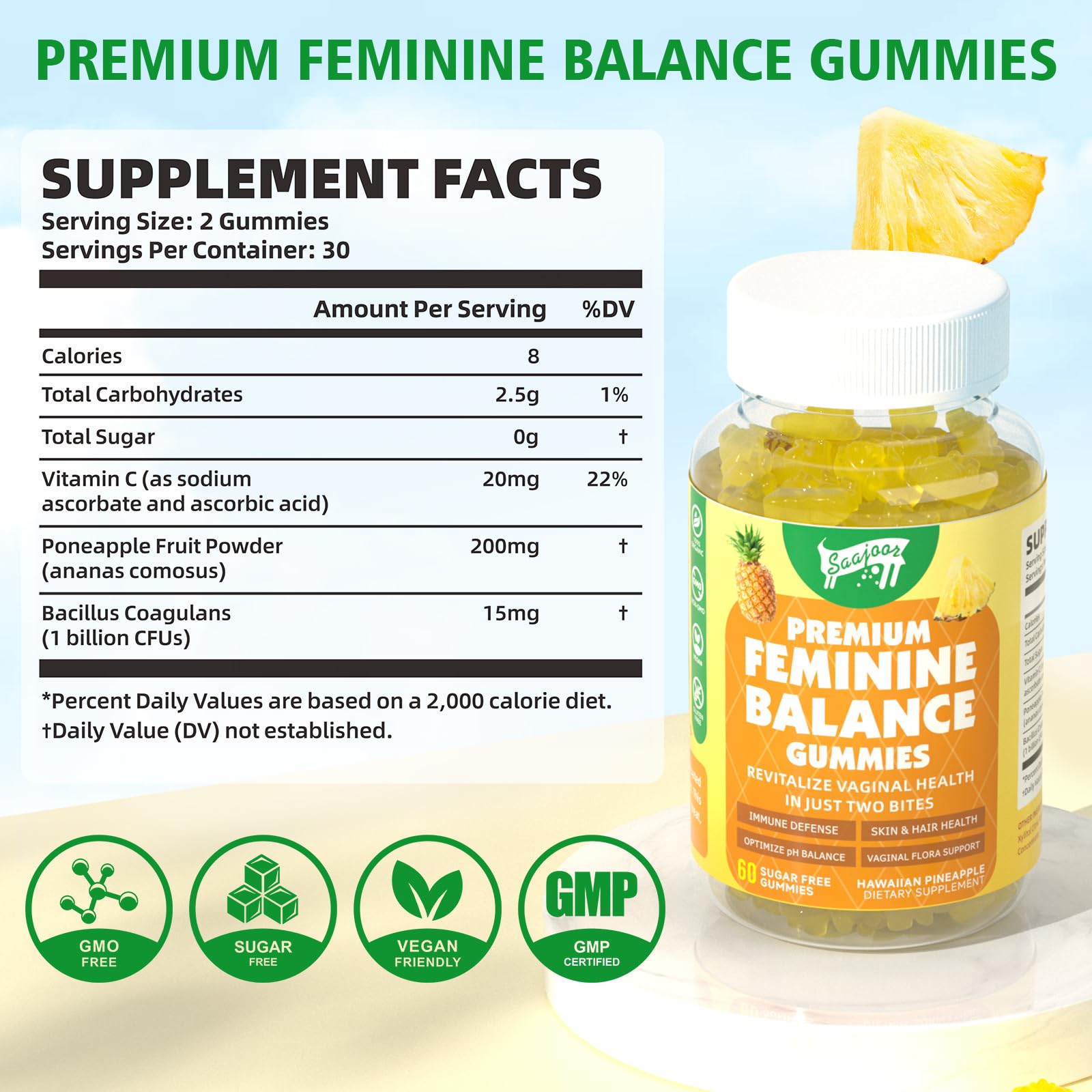 Saajoor gummies close-up highlights pineapple flavor for a refreshing bite.