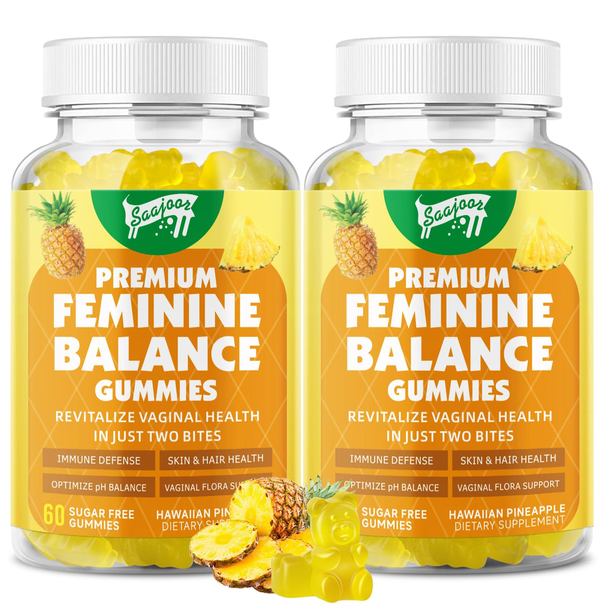 Saajoor Premium Feminine Balance Gummies bottle front for on-the-go care.