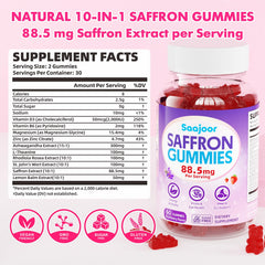 Saajoor saffron gummies bottle side highlighting ingredients for balanced wellness.