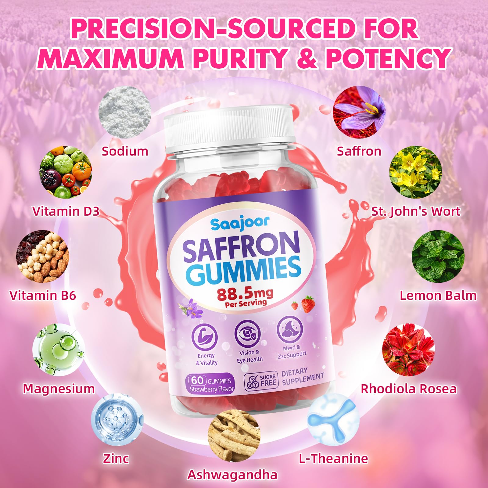 Saajoor saffron gummies label ingredients with D3, B6, zinc for nutrient foundation.
