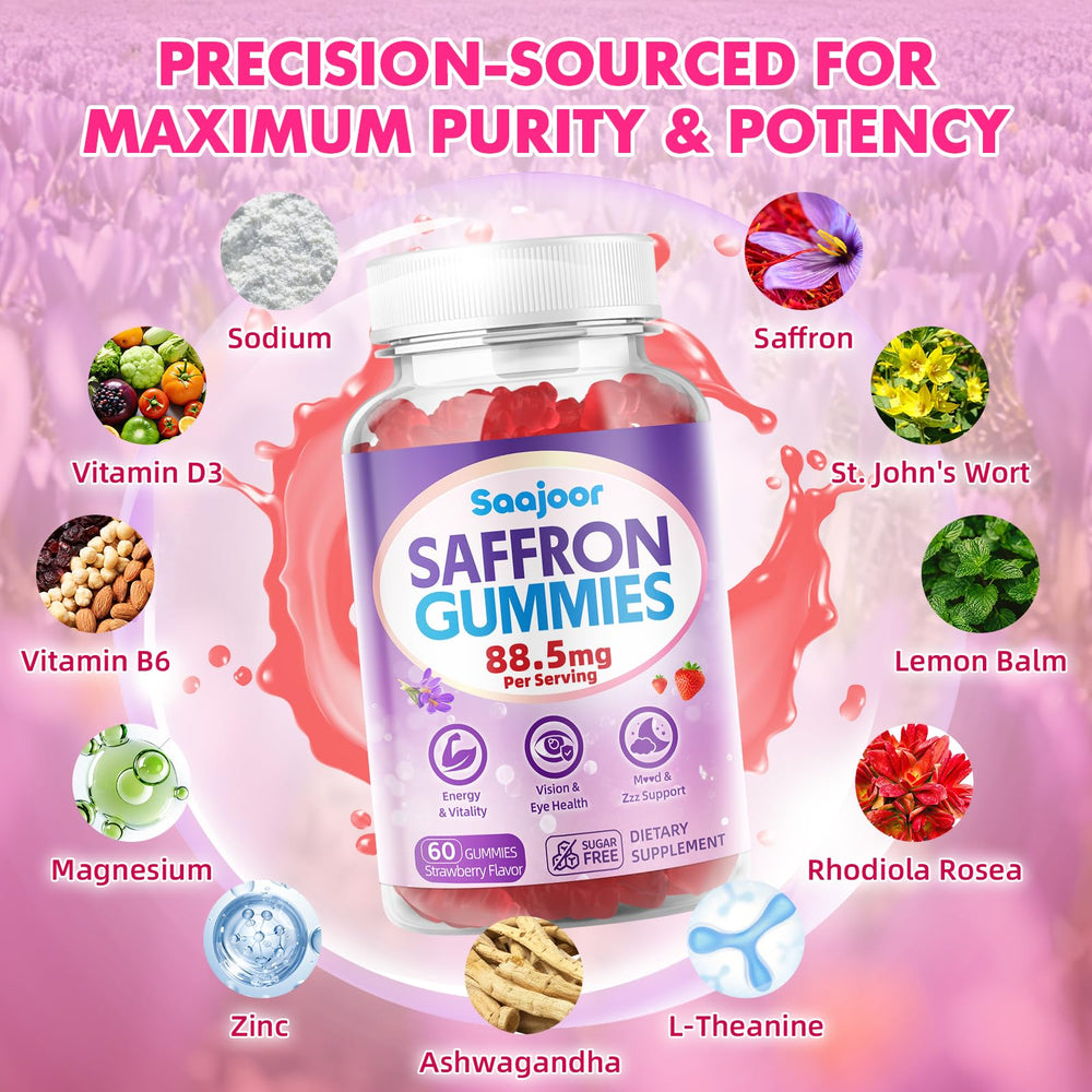 Saajoor saffron gummies label ingredients with D3, B6, zinc for nutrient foundation.