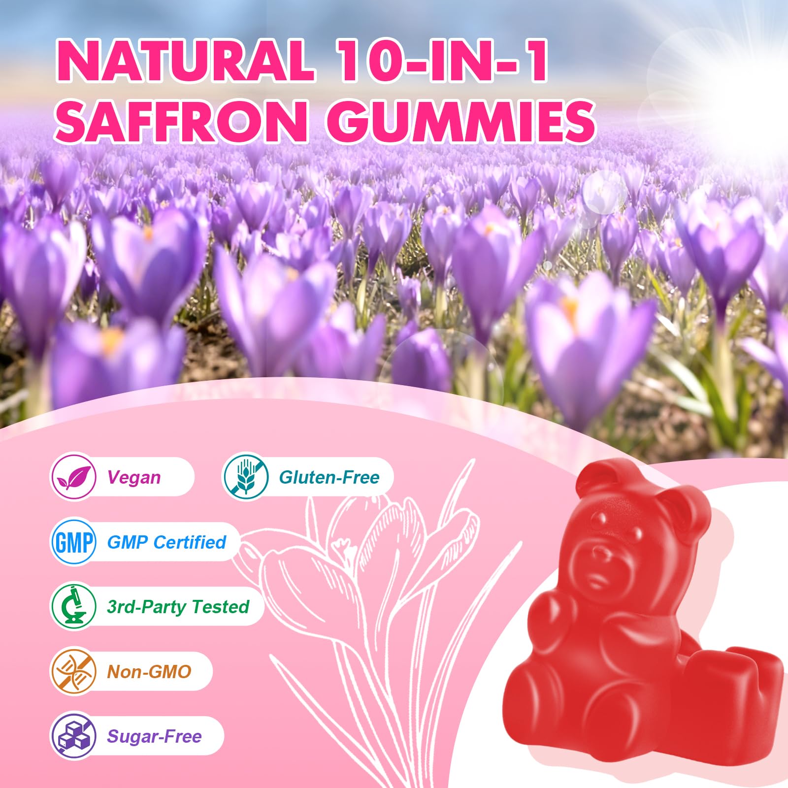 Saajoor saffron gummies packaging photo showing 60-count bottle for family use.