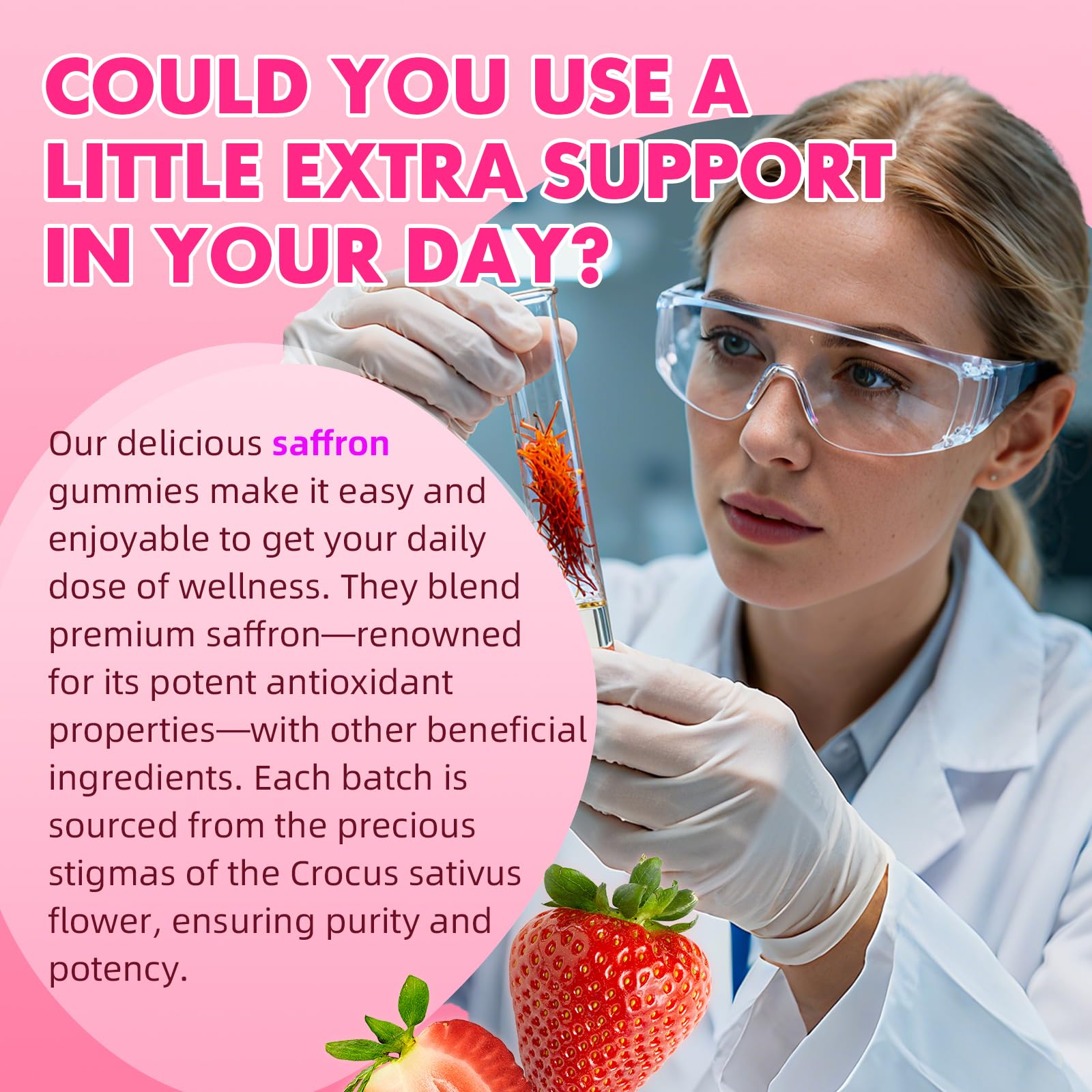 Saajoor saffron gummies strawberry flavor closeup for flavorful daily supplement.