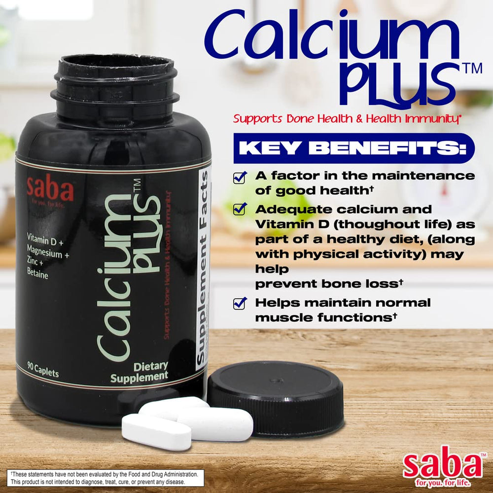 Saba Calcium Plus dosing scene shows a simple morning supplement ritual