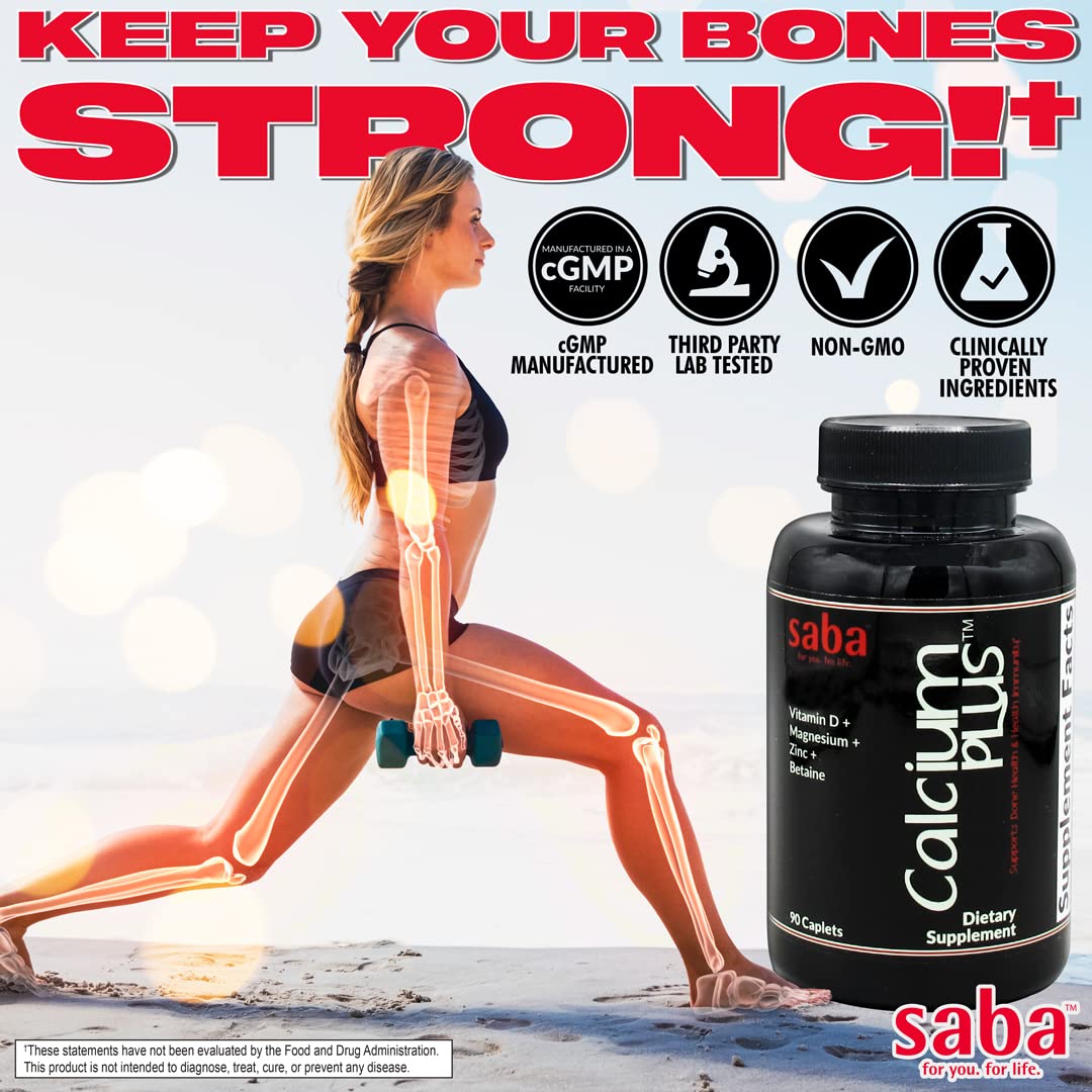 Saba Calcium Plus nutrition facts image emphasizes GMO-free, gluten-free ingredients