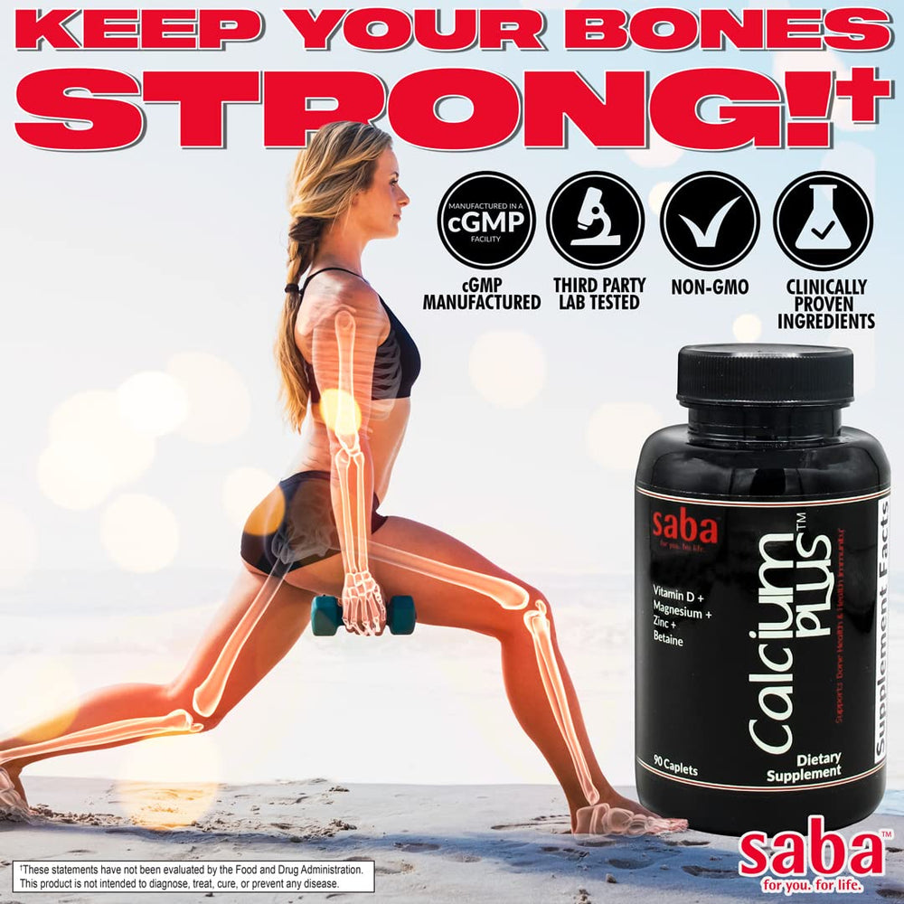 Saba Calcium Plus nutrition facts image emphasizes GMO-free, gluten-free ingredients