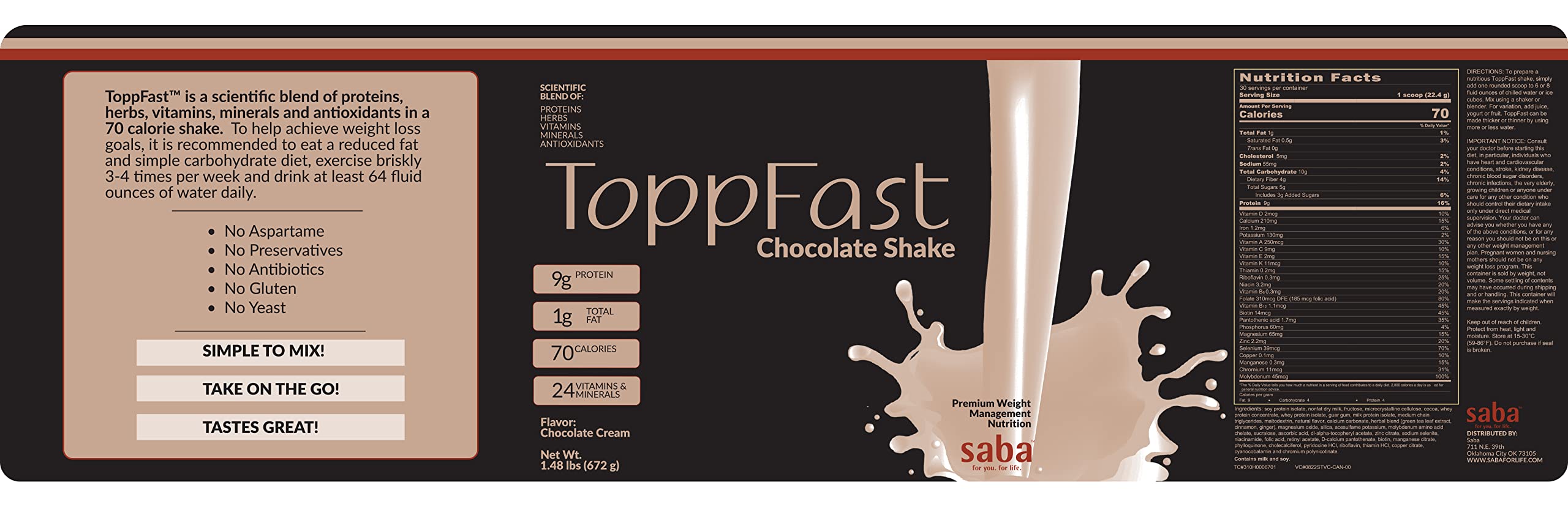 Saba ToppFast gluten-free formula label emphasizes gluten-free nutrition.