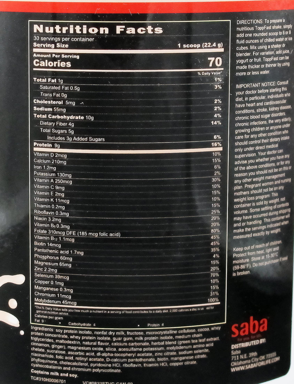 Saba ToppFast protein-blend badge highlights protein per scoop.