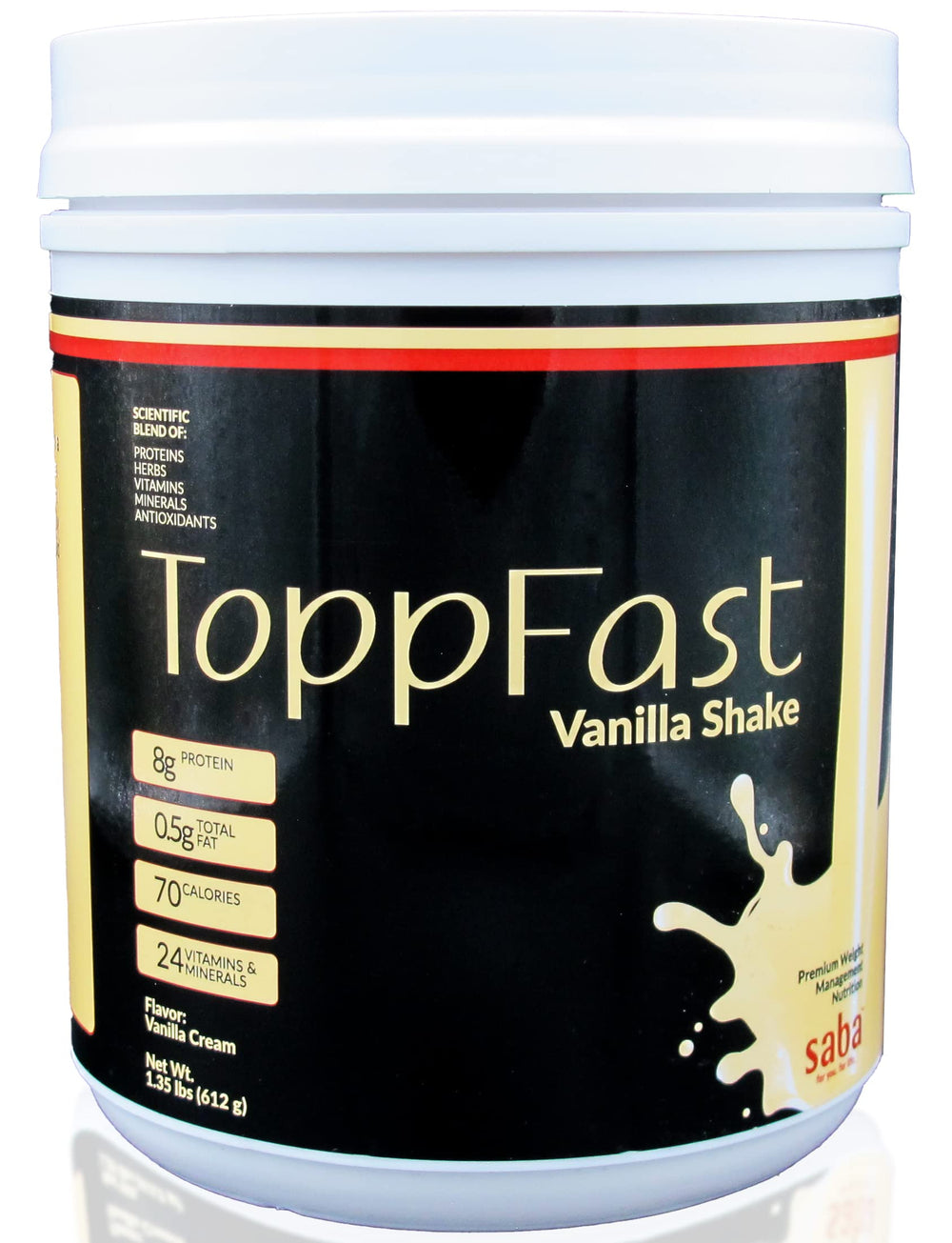 Saba ToppFast Vanilla bottle pour for a quick weight-management shake.