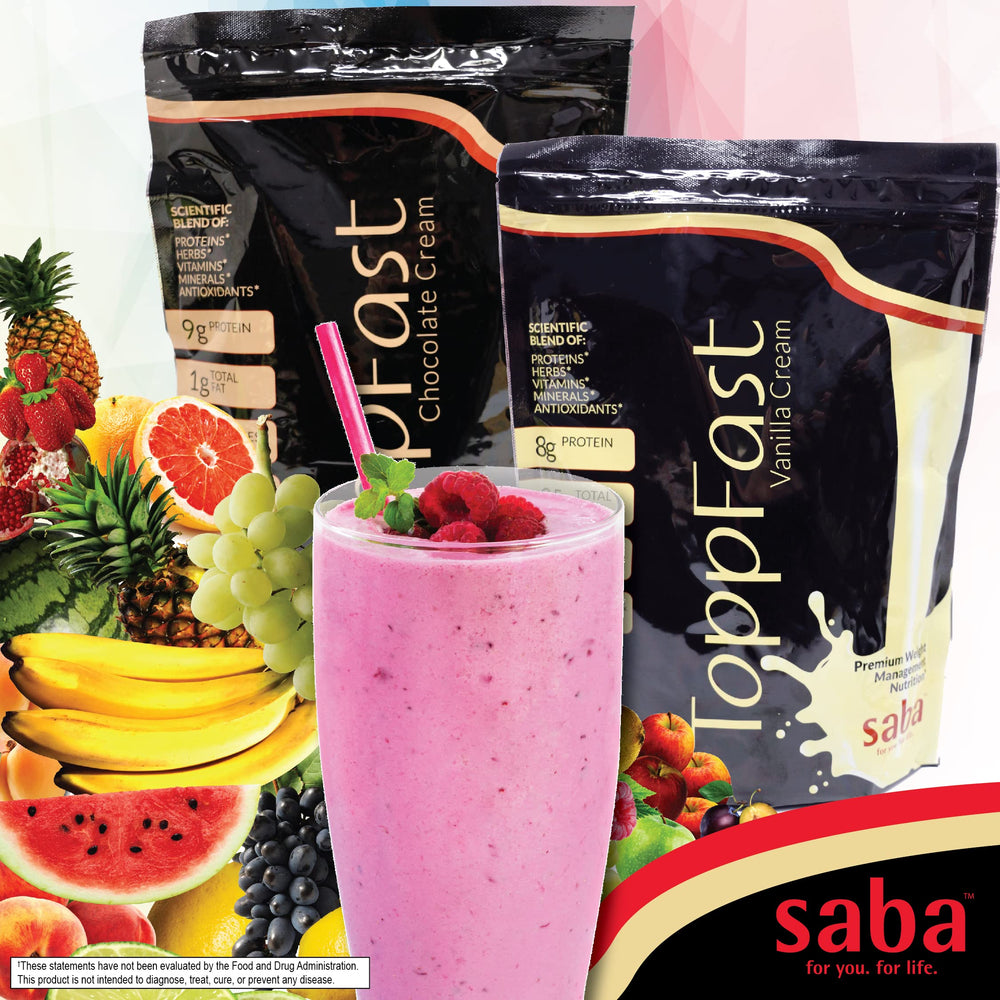 Saba ToppFast Vanilla packaging highlights low-fat, low-carb formula.