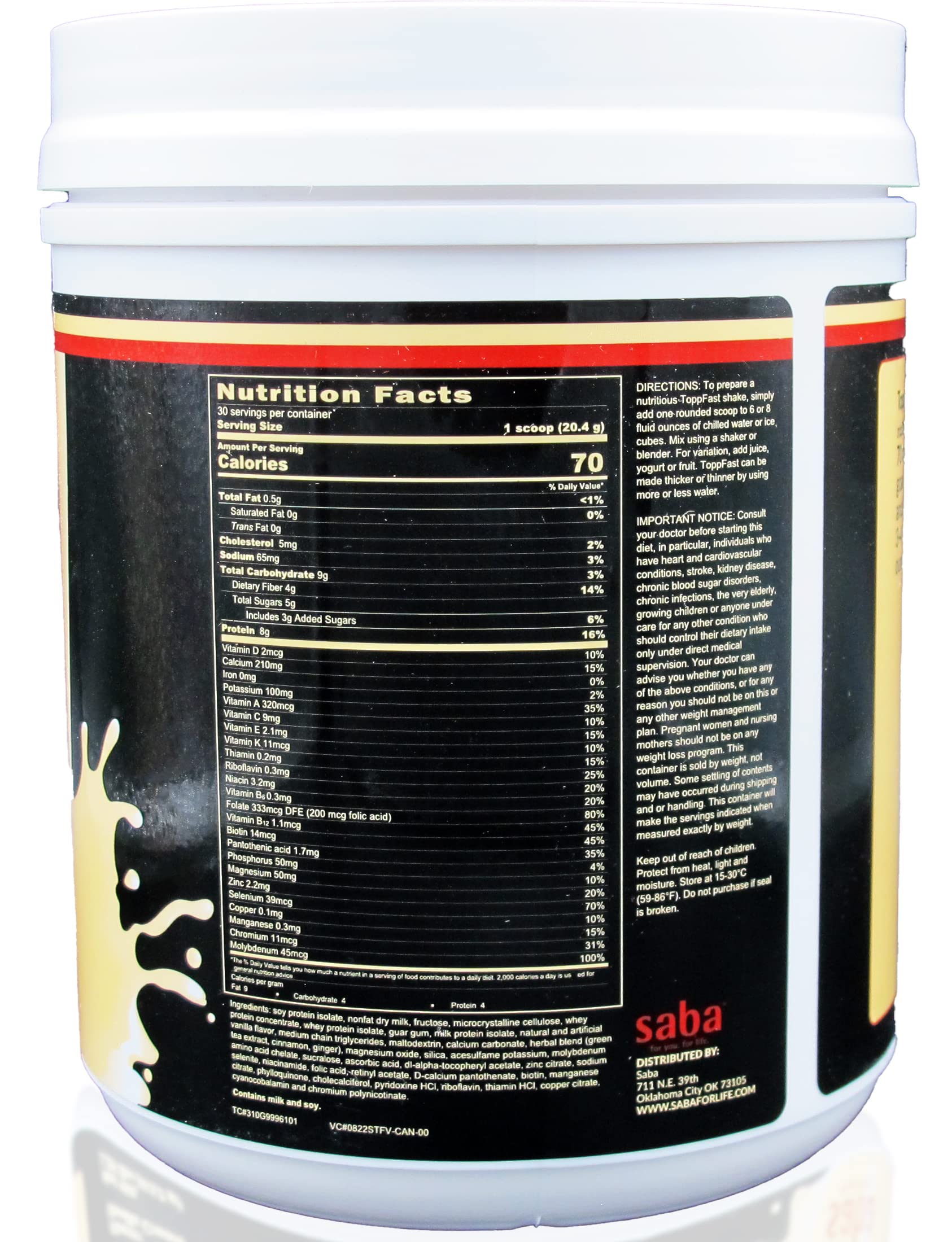 Saba ToppFast Vanilla protein blend close-up for daily nutrition.