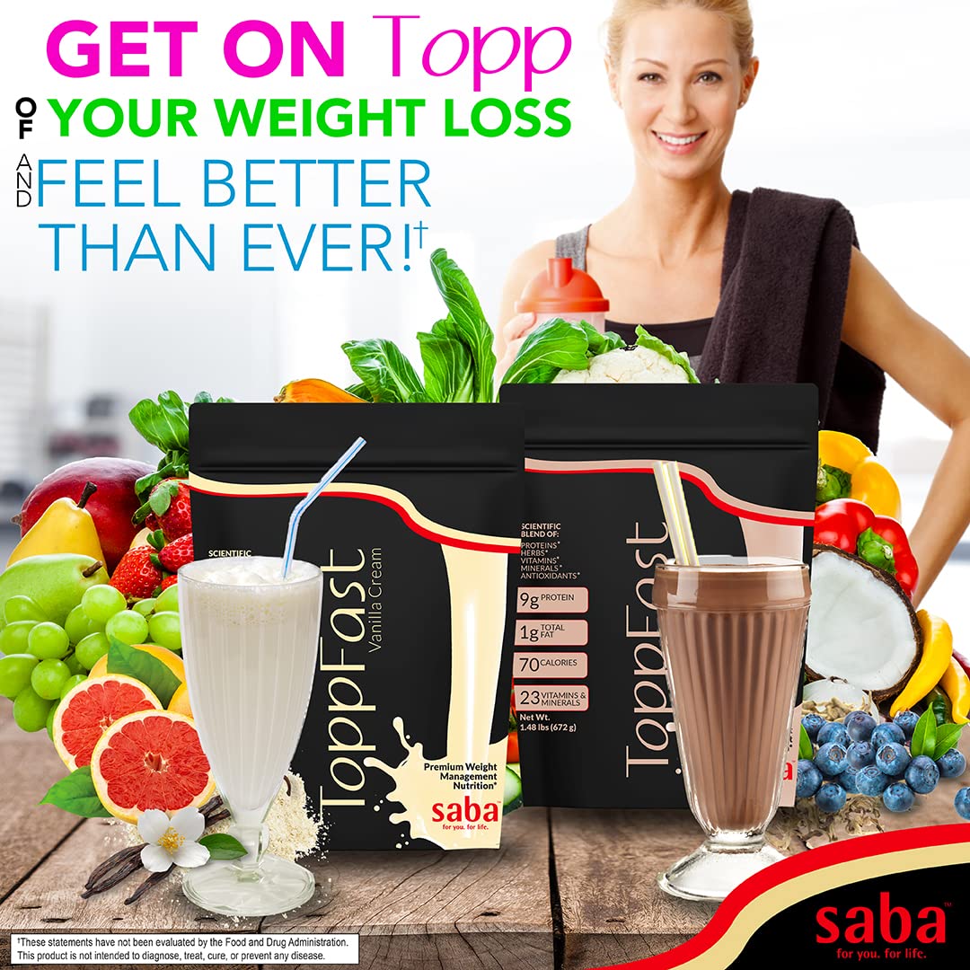 Saba ToppFast Vanilla scoop beside tub for convenient nutrition.