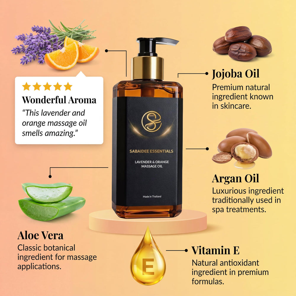 Sabaidee Essentials lavender oil bottle closeup highlighting calming scent.