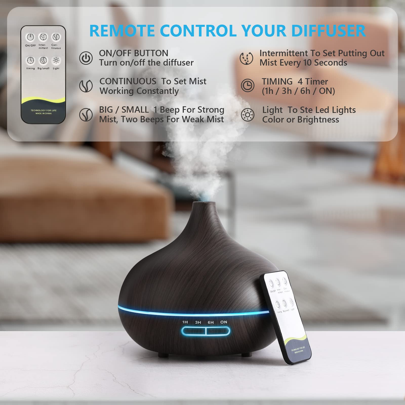 SACATR 550ml diffuser, remote control in use, easy room adjustments.