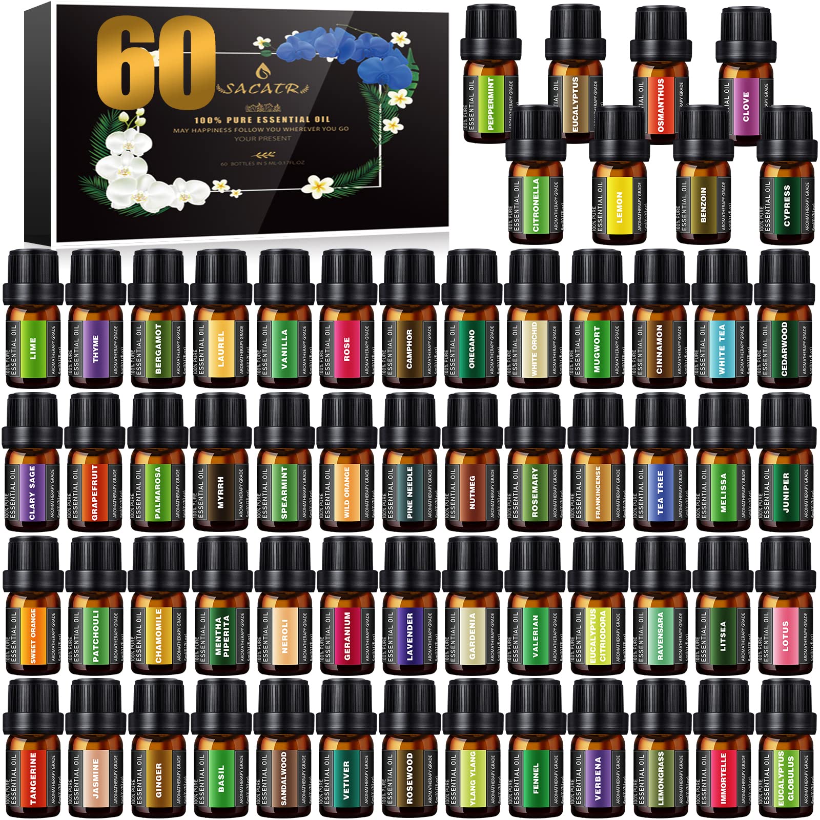 SACATR 60-bottle premium essential oils set for diffusers and DIY crafts