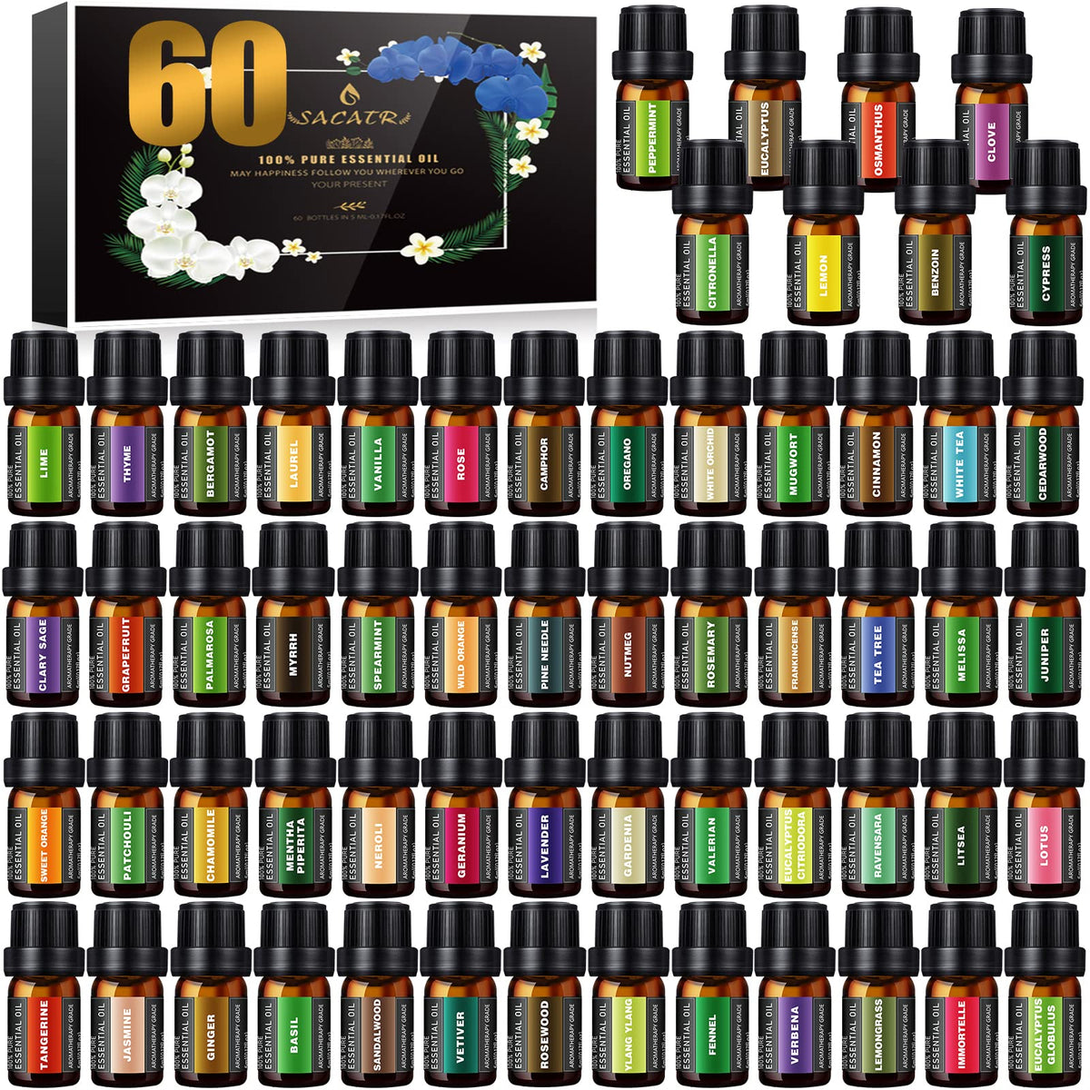 SACATR 60-bottle premium essential oils set for diffusers and DIY crafts